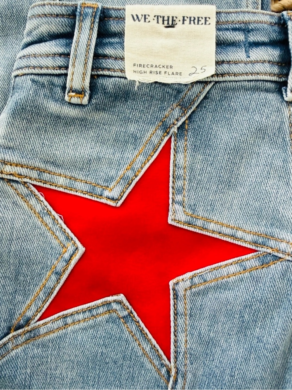 We The Free Firecracker High Rise Red Suede Star Flare Jean - Picture 7 of 13